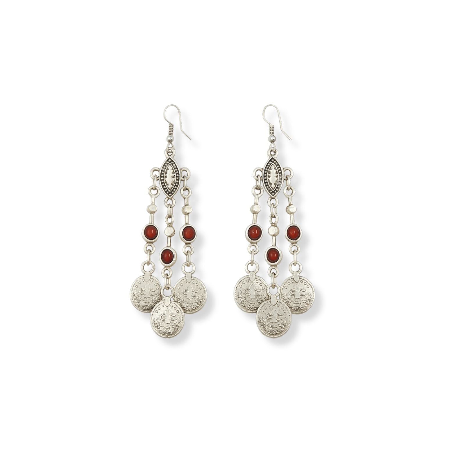 Long silver-plated drop earrings with red beads and dangling engraved coin charms