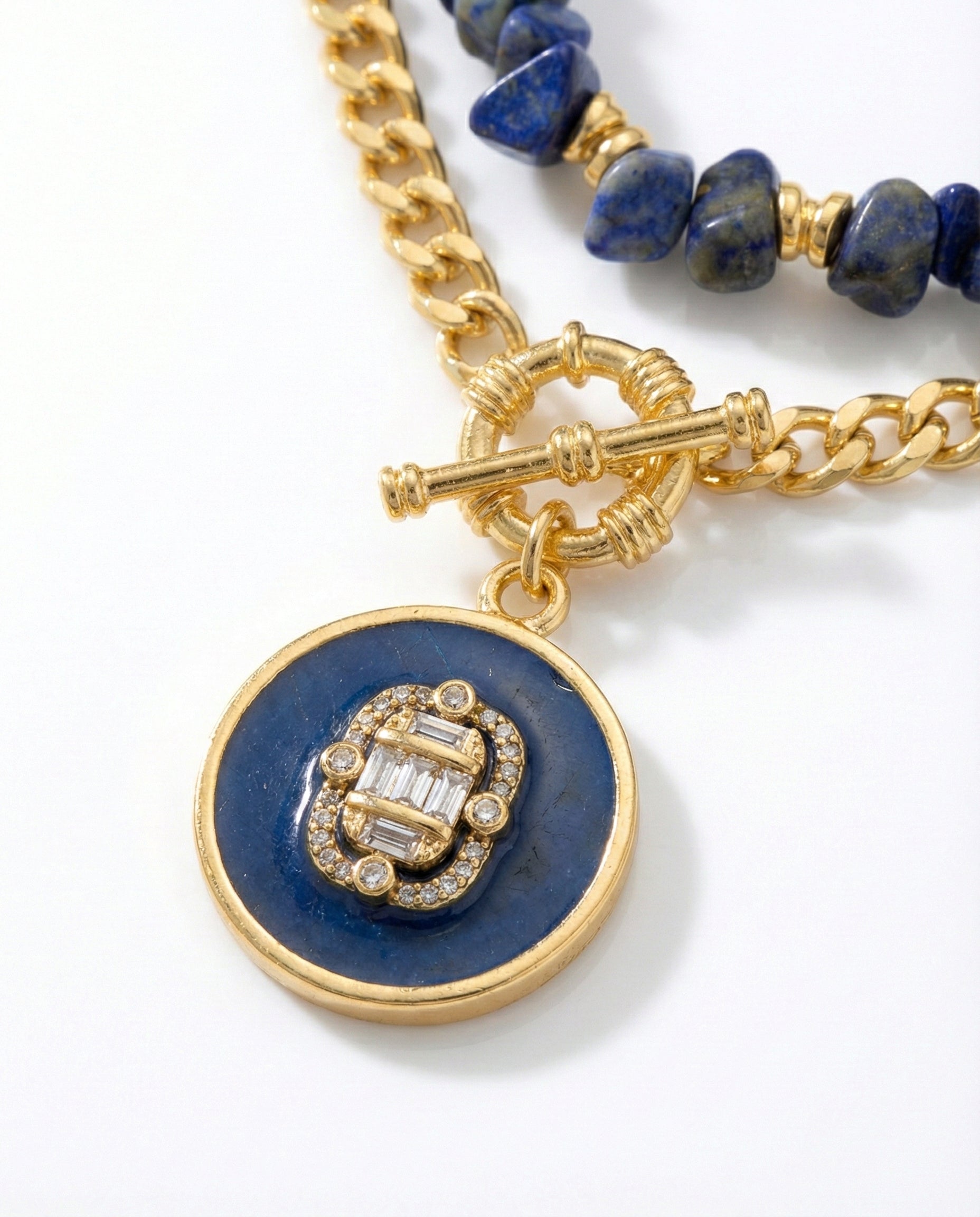 Layered Gold Chain Necklace with Natural Lapis Stone