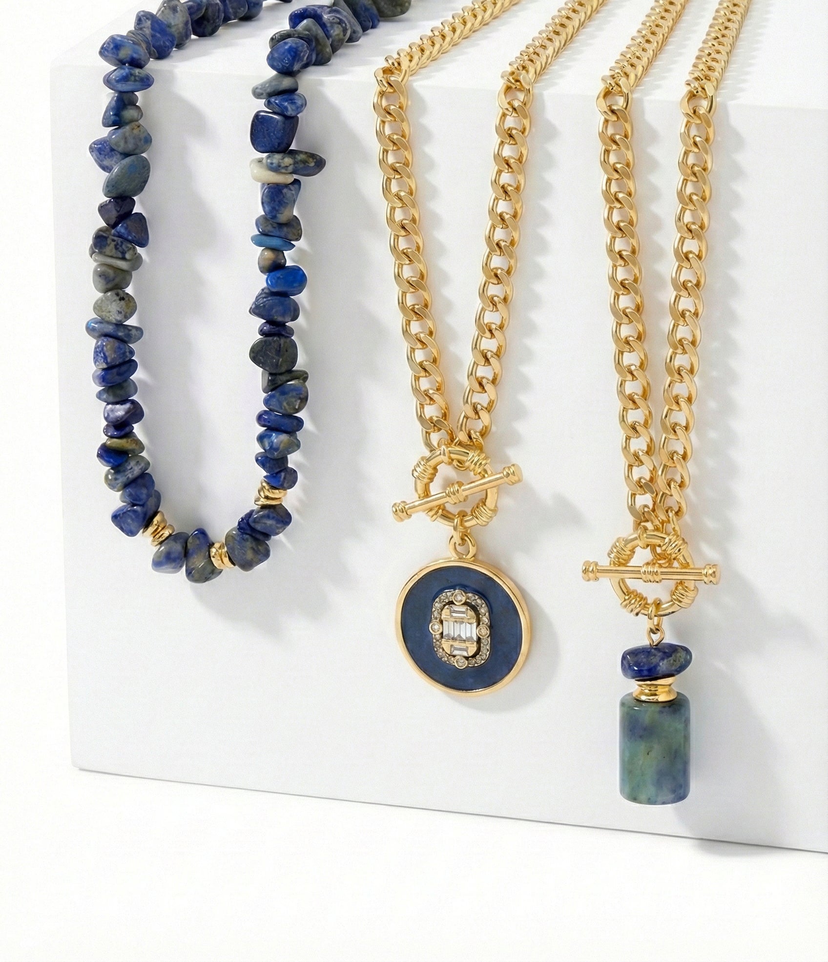 Layered Gold Chain Necklace with Natural Lapis Stone