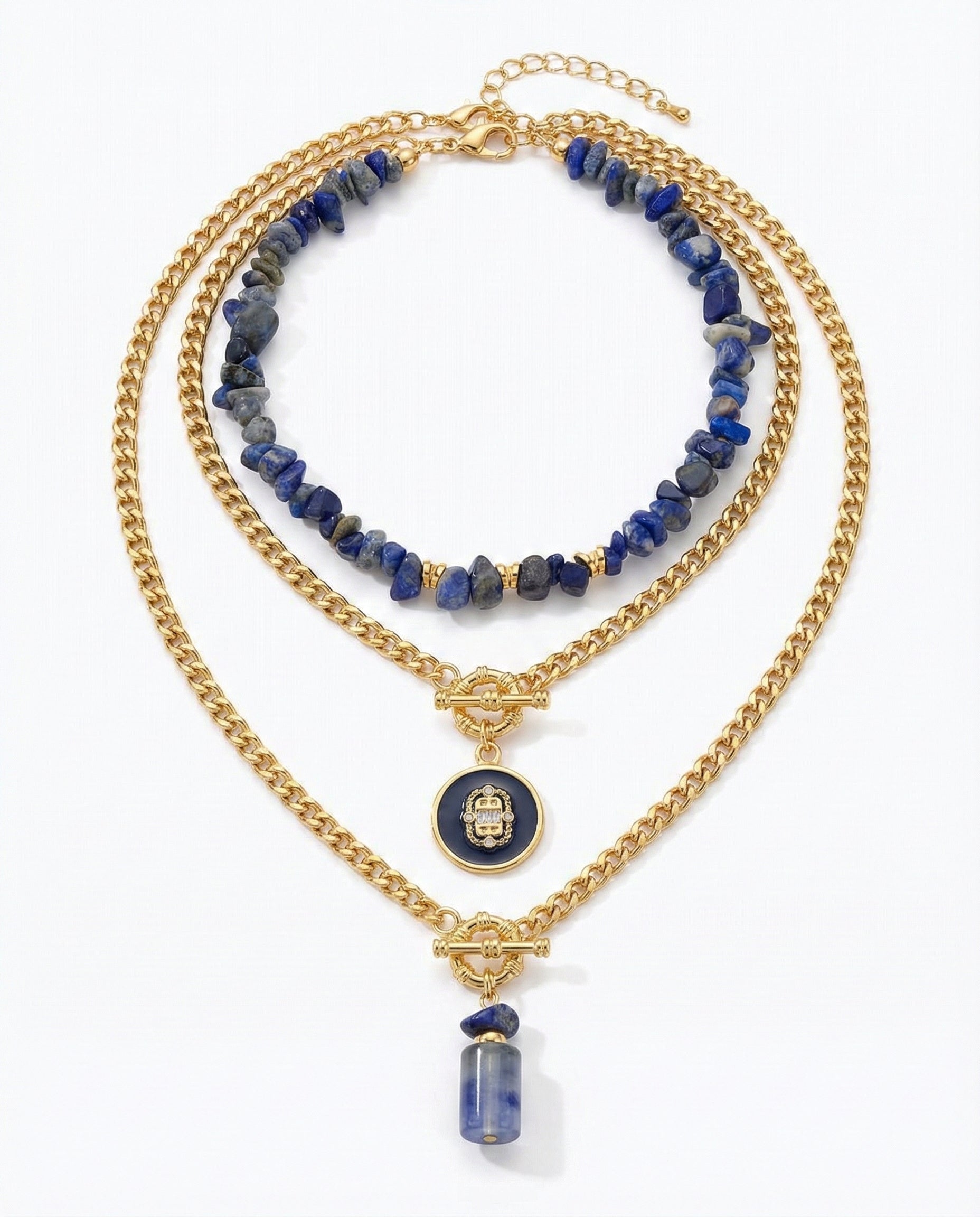 Layered Gold Chain Necklace with Natural Lapis Stone