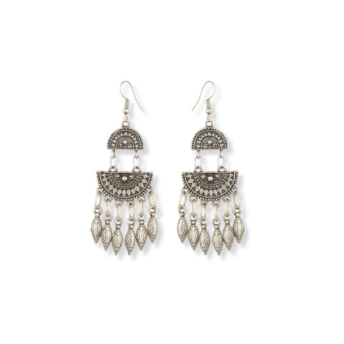Antique-style silver-plated dangle earrings with geometric half-moon shapes and arrow drop charms