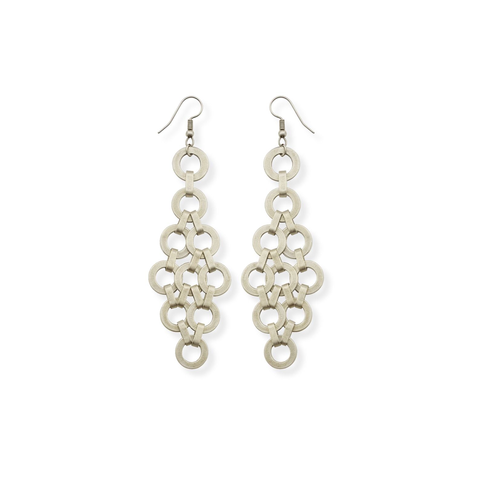 Silver-plated dangle earrings with interlocking chain-link design, matching statement necklace