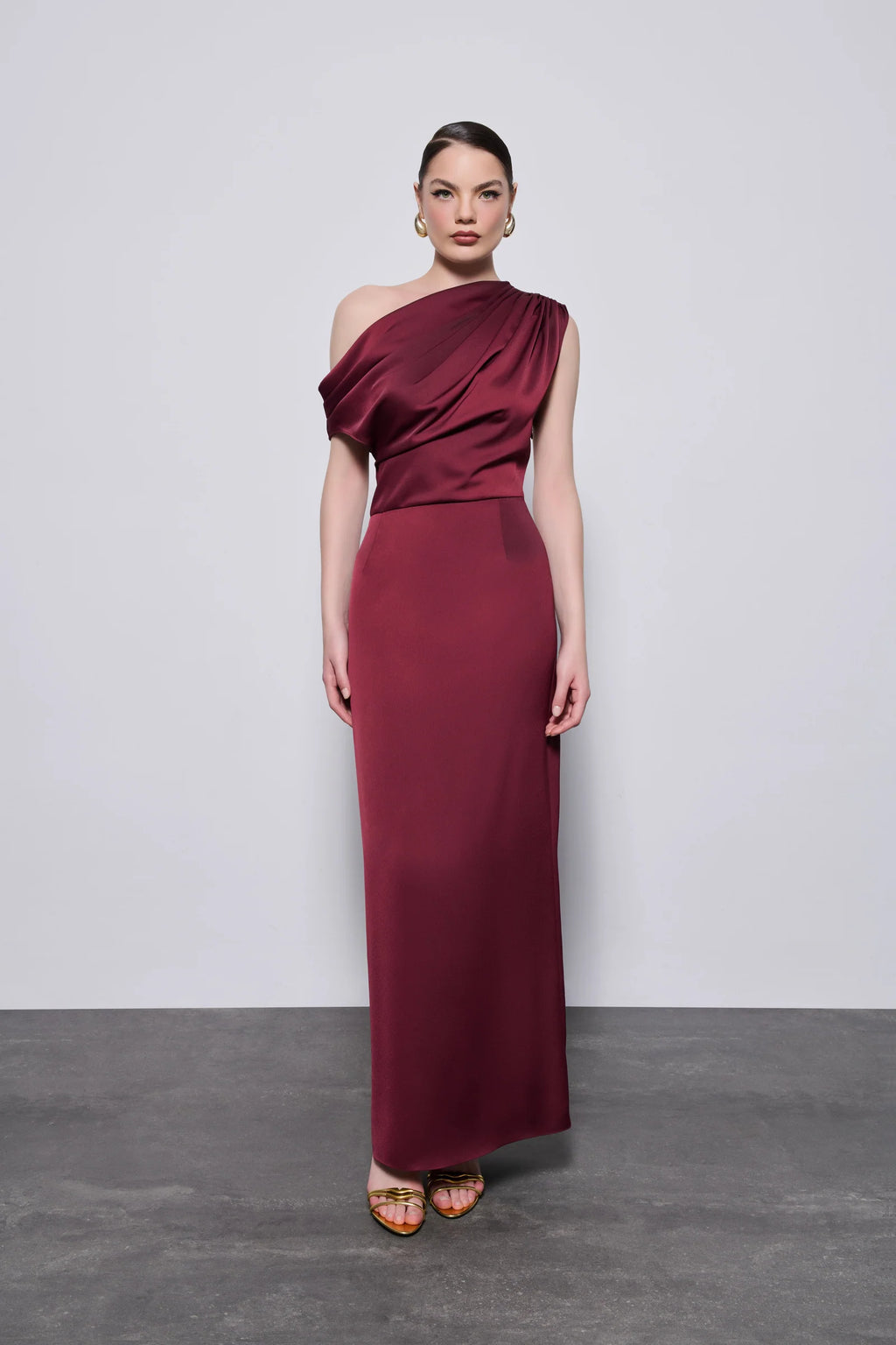 One-Shoulder Draped Satin Midi Dress