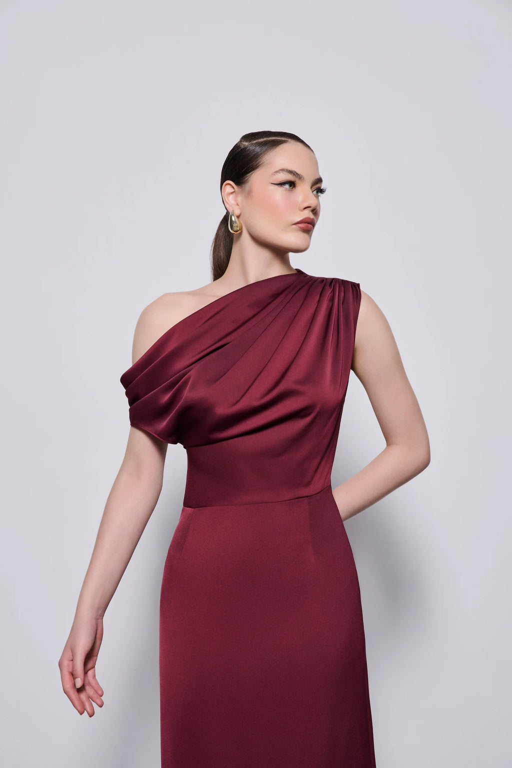 One-Shoulder Draped Satin Midi Dress