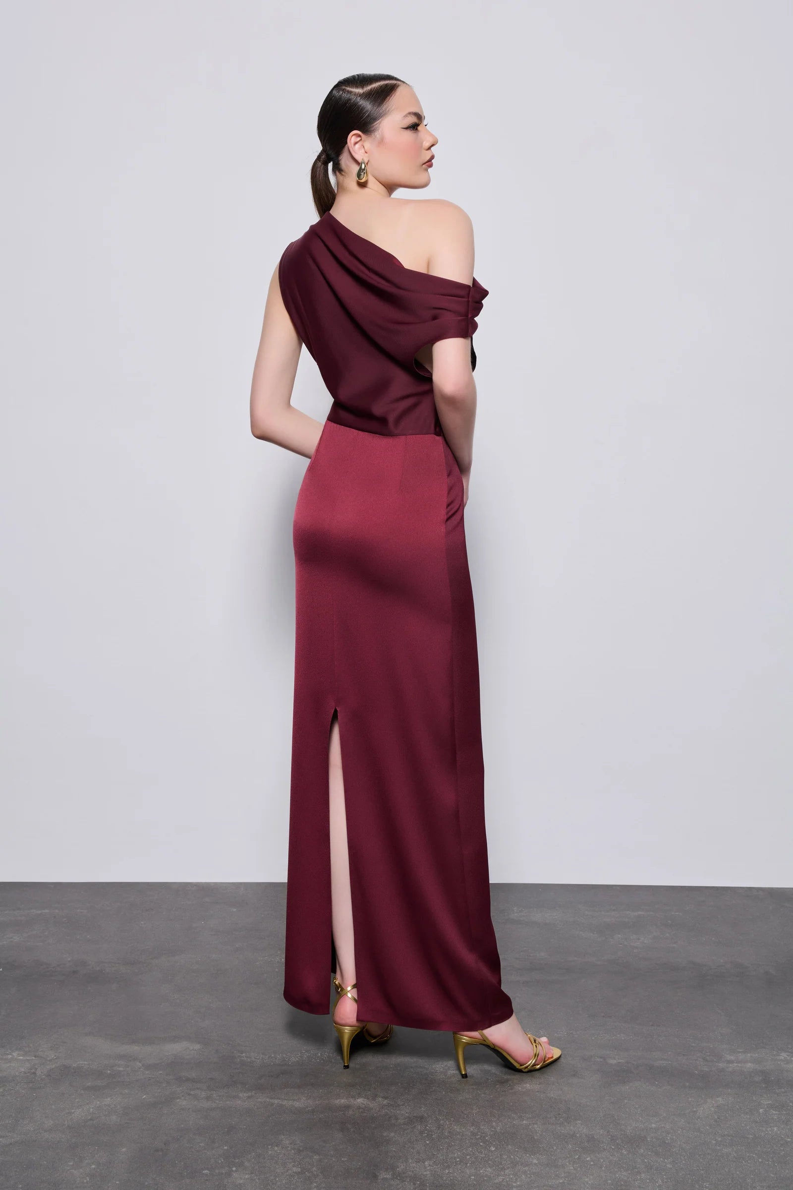 One-Shoulder Draped Satin Midi Dress