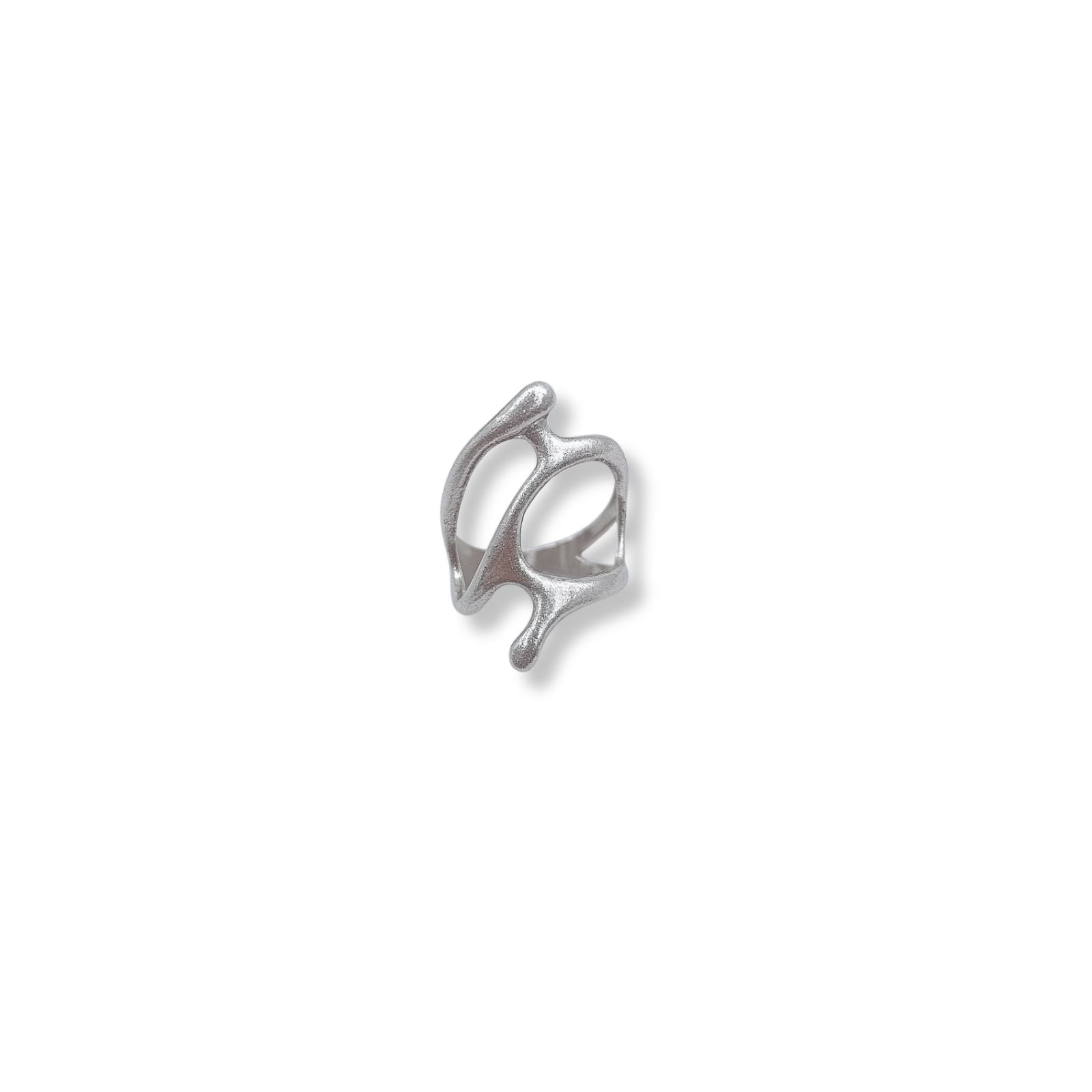 Minimal silver-plated wave ring with open sculptural design, worn on finger